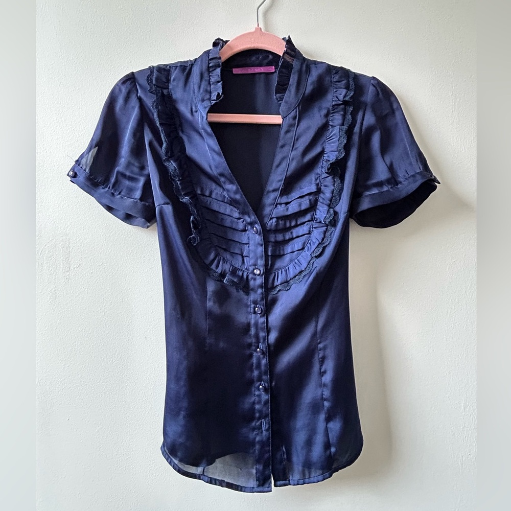 Smart Set Navy Satin Ruffle Button-Down Blouse